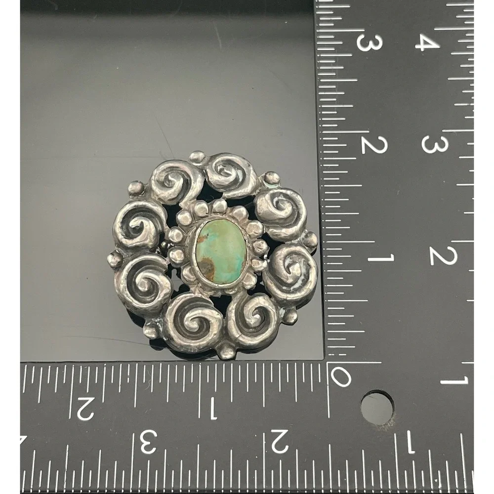 Antique Sterling‎ Silver Turquoise Spiral Brooch Early 1900s Southwest Style